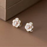 Sterling Silver Camellia Pearl Stud Earrings Bridal Wedding Jewelry