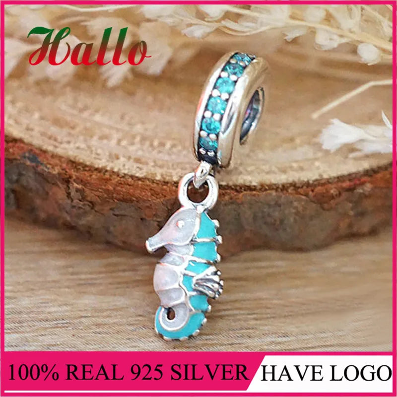 925 Silver Enamel Seahorse Dangle Charm Bead for Bracelets & Necklaces