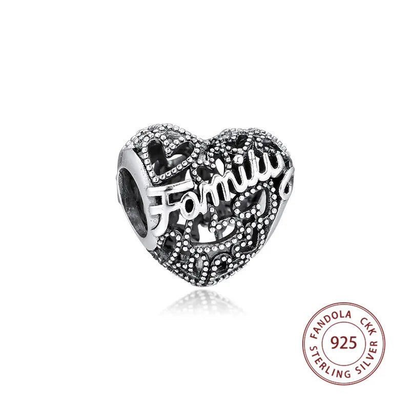 925 Silver Heart Charms Beads Family DIY Bracelet Jewellery