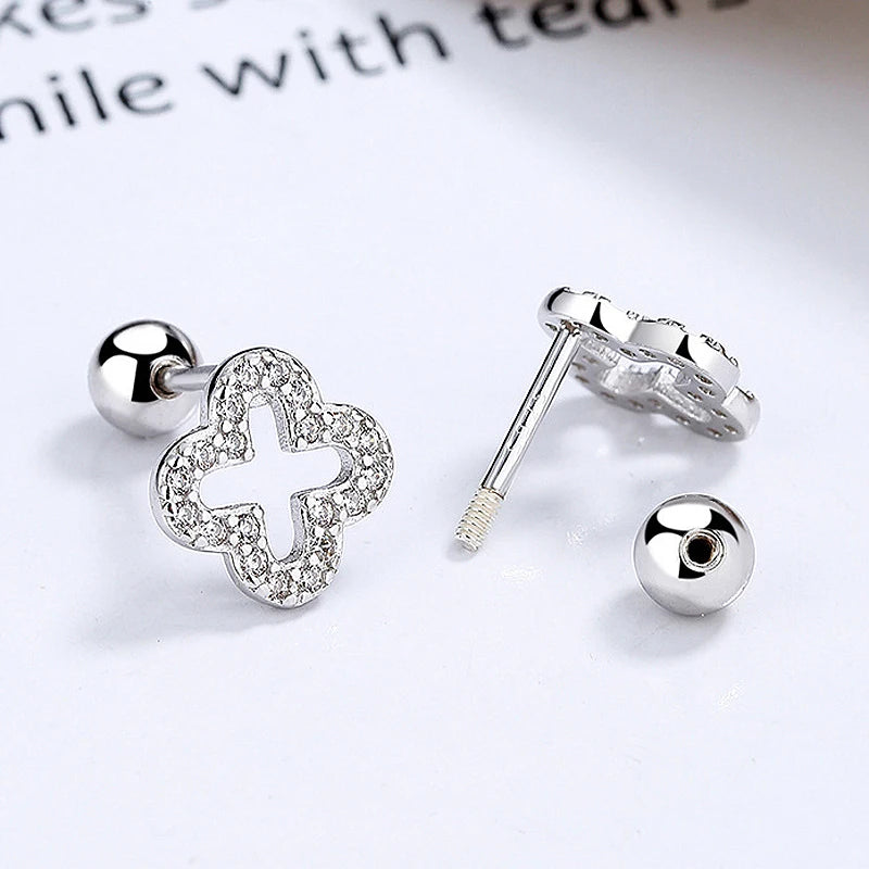 925 Silver CZ Four-leaf Clover Stud Earrings
