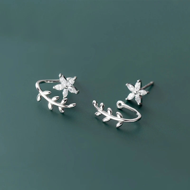 925 Silver Flower Leaf Post Stud Earrings Women Hypoallergenic Jewelry