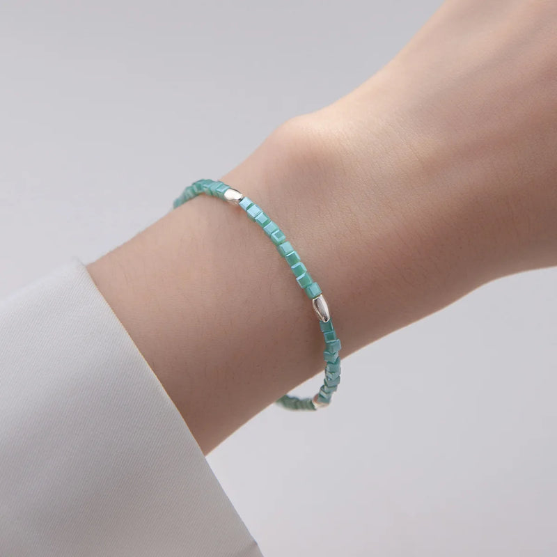 925 Silver Green Crystal Square Bracelet Women Party Jewelry
