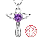 925 Silver Jesus Cross Necklace Double Angel Wings Heart Zirconia Pendant