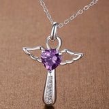 925 Silver Jesus Cross Necklace Double Angel Wings Heart Zirconia Pendant