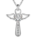 925 Silver Jesus Cross Necklace Double Angel Wings Heart Zirconia Pendant