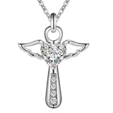 925 Silver Jesus Cross Necklace Double Angel Wings Heart Zirconia Pendant