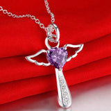 925 Silver Jesus Cross Necklace Double Angel Wings Heart Zirconia Pendant