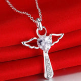 925 Silver Jesus Cross Necklace Double Angel Wings Heart Zirconia Pendant