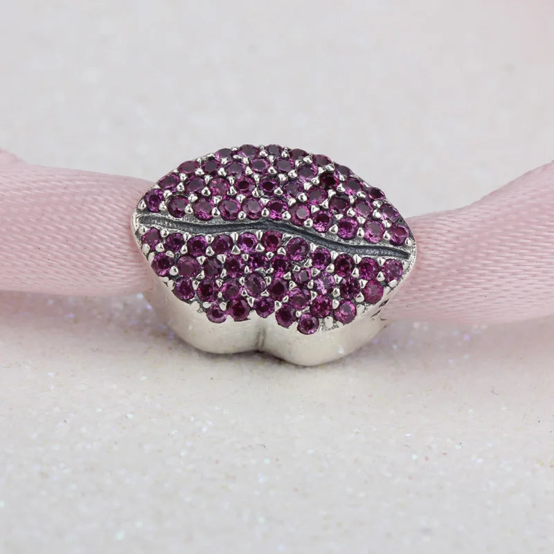 925 Silver Lips Shape Pave Lights Beads with Red CZ for Bracelets