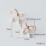 925 Sterling Silver Bow Pearl Ear Studs Sweet Style Jewelry