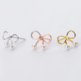 925 Sterling Silver Bow Pearl Ear Studs Sweet Style Jewelry