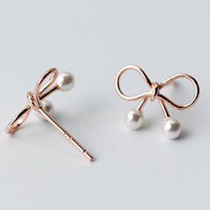 925 Sterling Silver Bow Pearl Ear Studs Sweet Style Jewelry
