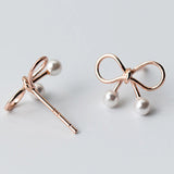 925 Sterling Silver Bow Pearl Ear Studs Sweet Style Jewelry