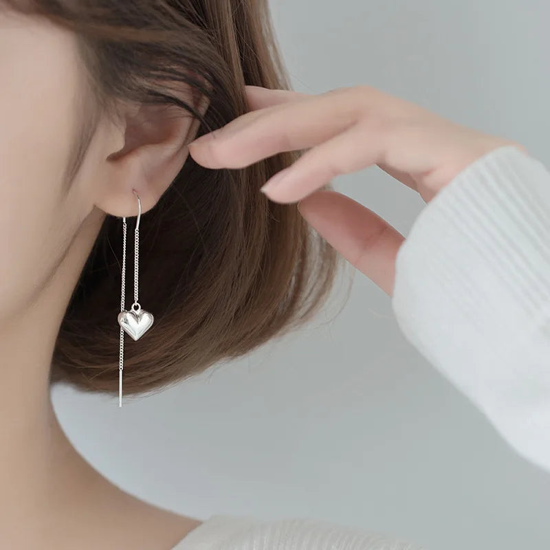 925 Silver Heart Long Drop Earrings Pull Through Threader for Women