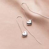 925 Silver Heart Long Drop Earrings Pull Through Threader for Women