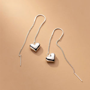 925 Silver Heart Long Drop Earrings Pull Through Threader for Women