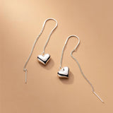 925 Silver Heart Long Drop Earrings Pull Through Threader for Women