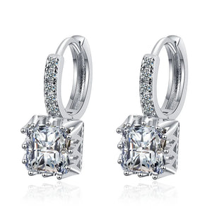 925 Silver Square CZ Green Red Round Ear Buckle Women Party Jewelry