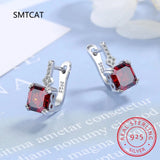 925 Silver Square CZ Green Red Round Ear Buckle Women Party Jewelry