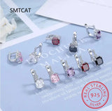 925 Silver Square CZ Green Red Round Ear Buckle Women Party Jewelry