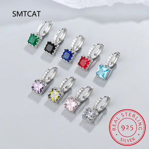 925 Silver Square CZ Green Red Round Ear Buckle Women Party Jewelry