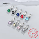 925 Silver Square CZ Green Red Round Ear Buckle Women Party Jewelry