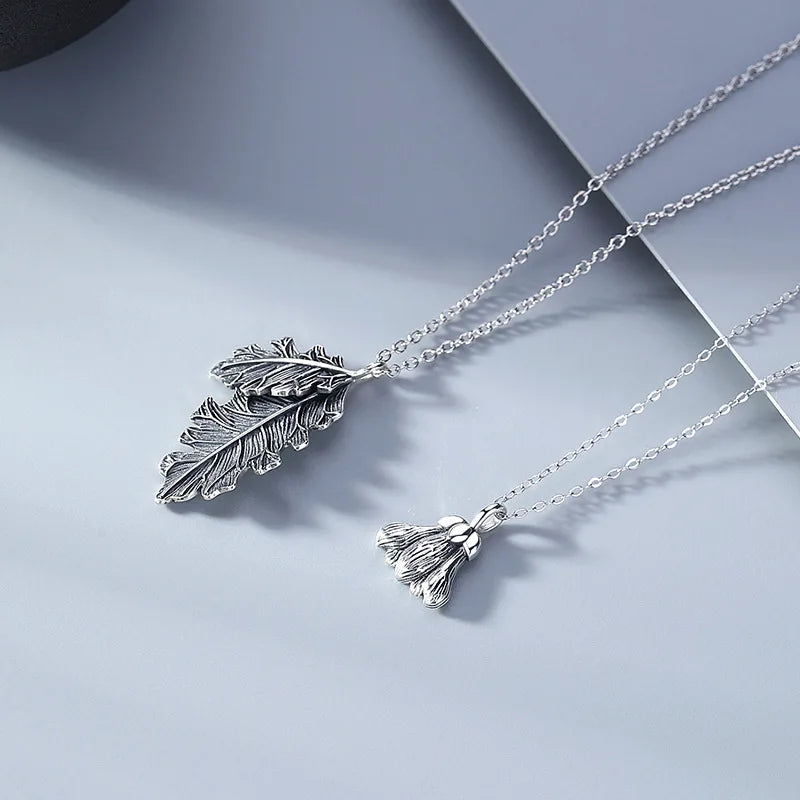 925 Silver Oak Leaf & Kapok Chain Pendant Necklace for Couples