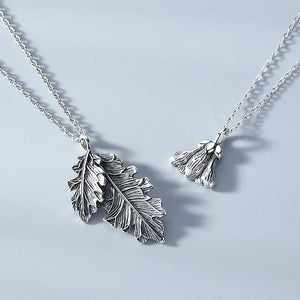 925 Silver Oak Leaf & Kapok Chain Pendant Necklace for Couples