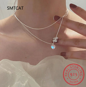 925 Silver Opal Heart Pendant Necklace Women Fine Jewelry Anniversary Gift