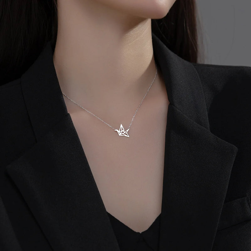 925 Silver Crane Necklace for Women Clavicle Pendant