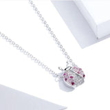 925 Silver Pink CZ Ladybug Insect Pendant Necklace for Women Kid
