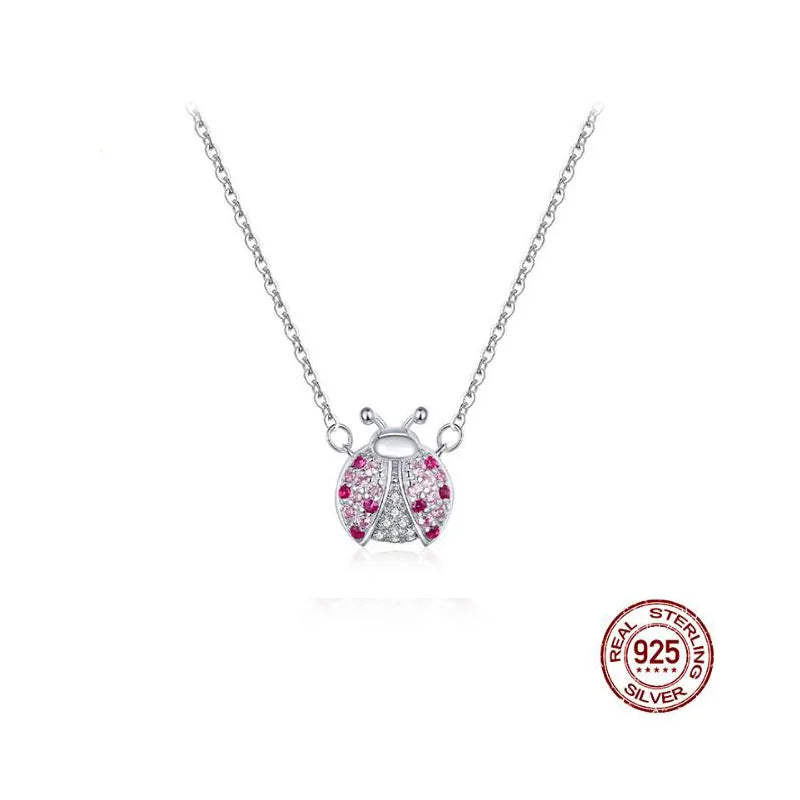 925 Silver Pink CZ Ladybug Insect Pendant Necklace for Women Kid