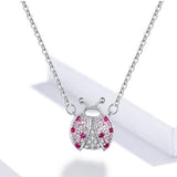 925 Silver Pink CZ Ladybug Insect Pendant Necklace for Women Kid