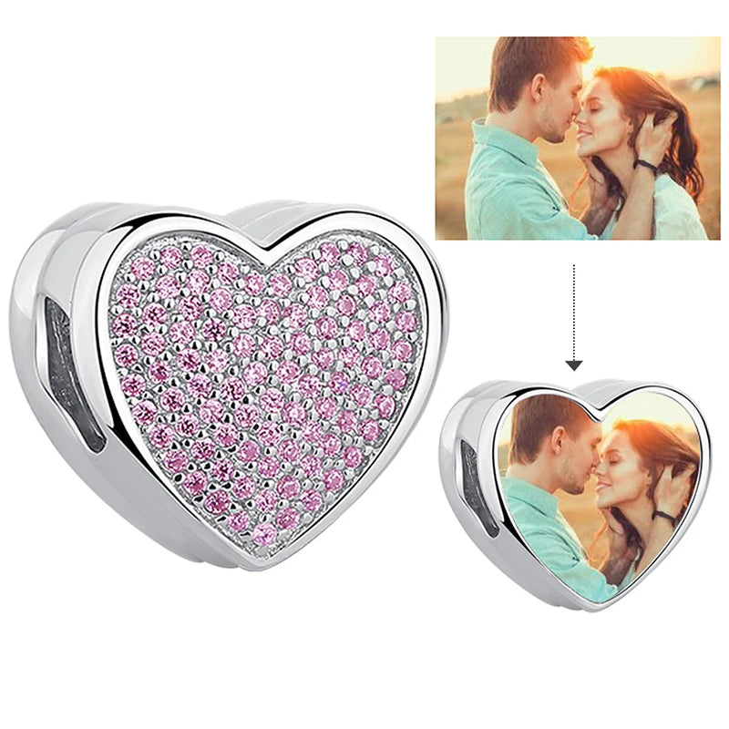 925 Silver Pink CZ Stone Love Photo Beads for Wedding