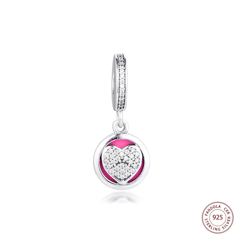 925 Silver Pink Enamel & Clear CZ Heart Charm for Bracelets