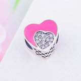 925 Silver Pink Enamel Heart Zircon Bead For Pan Charm Bracelet