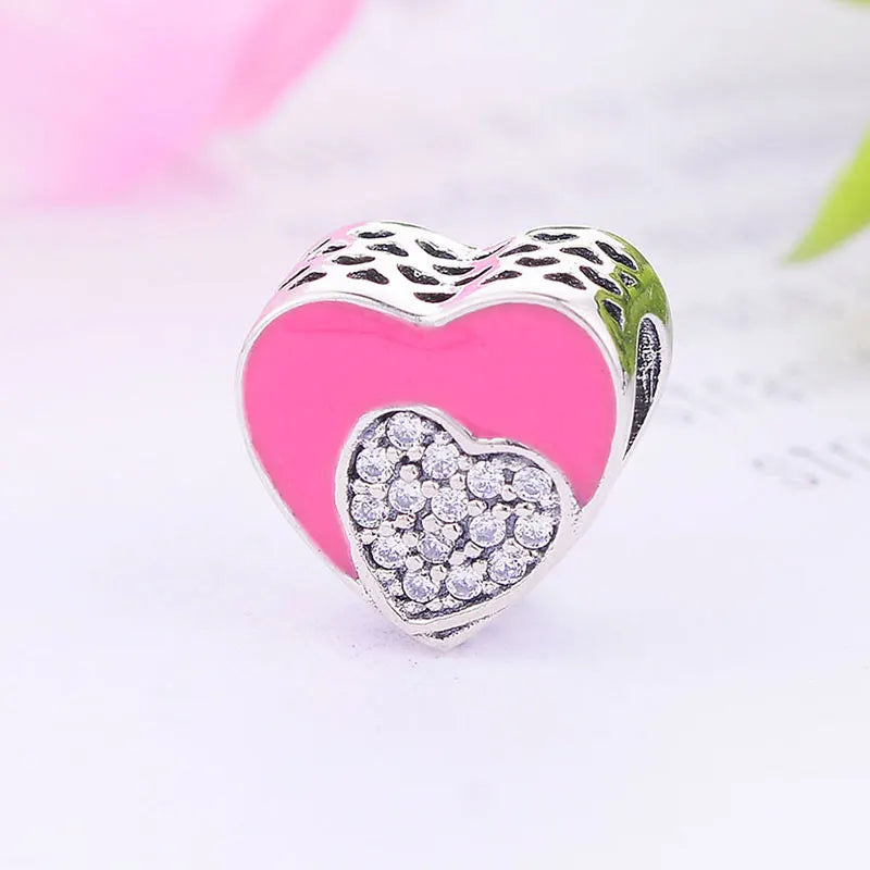 925 Silver Pink Enamel Heart Zircon Bead For Pan Charm Bracelet