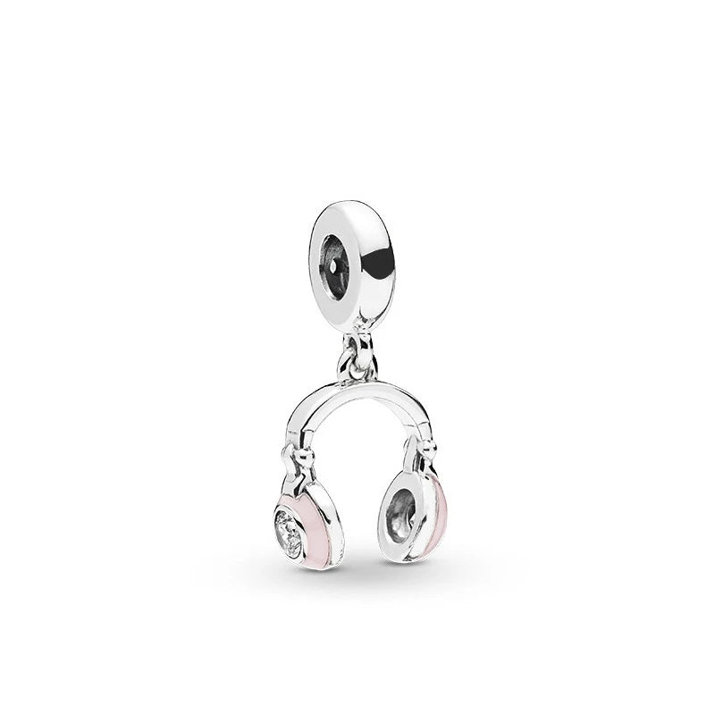 925 Silver Pink Headphones Charms Metal Beads for Bracelet