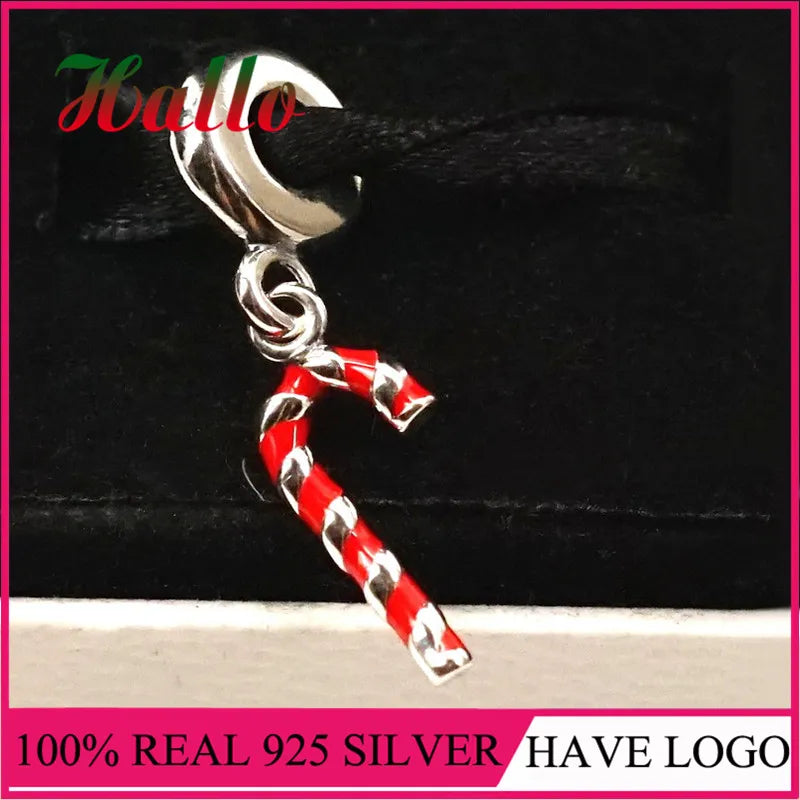 925 Silver Red Candy Cane Christmas Charm Bead Fit Bracelets Bangles