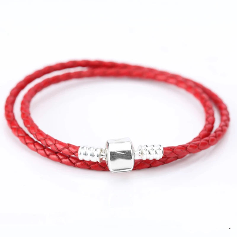 925 Silver Red Cow Leather Bracelet Lucky Jewelry