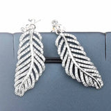 925 Silver Feather Earrings Clear CZ Wedding Jewelry