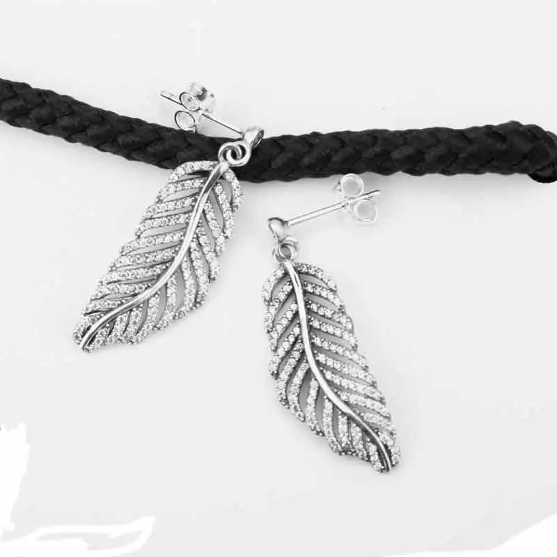 925 Silver Feather Earrings Clear CZ Wedding Jewelry