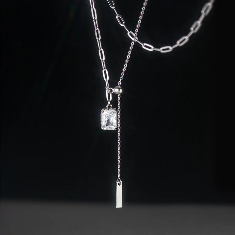 925 Silver Square Zircon Choker Y Chain Necklace