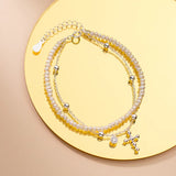 925 Silver Cross Pearl Bracelet Double Layer Diamond Bead Sweet Hand