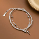 925 Silver Cross Pearl Bracelet Double Layer Diamond Bead Sweet Hand