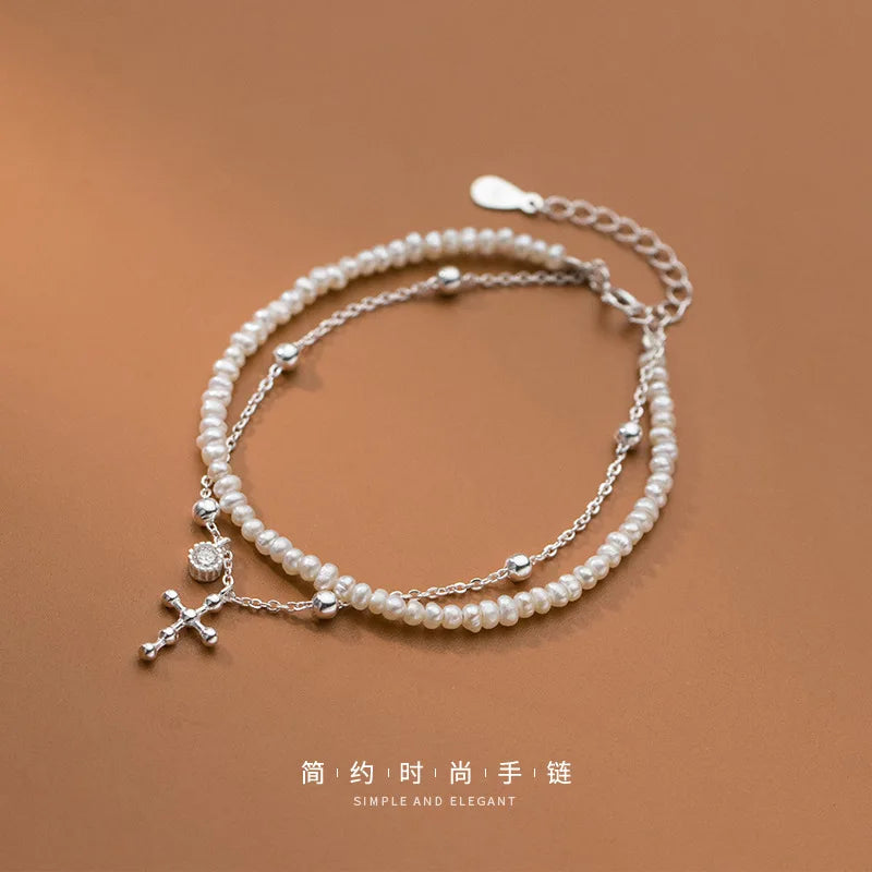 925 Silver Cross Pearl Bracelet Double Layer Diamond Bead Sweet Hand