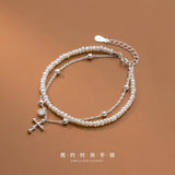 925 Silver Cross Pearl Bracelet Double Layer Diamond Bead Sweet Hand