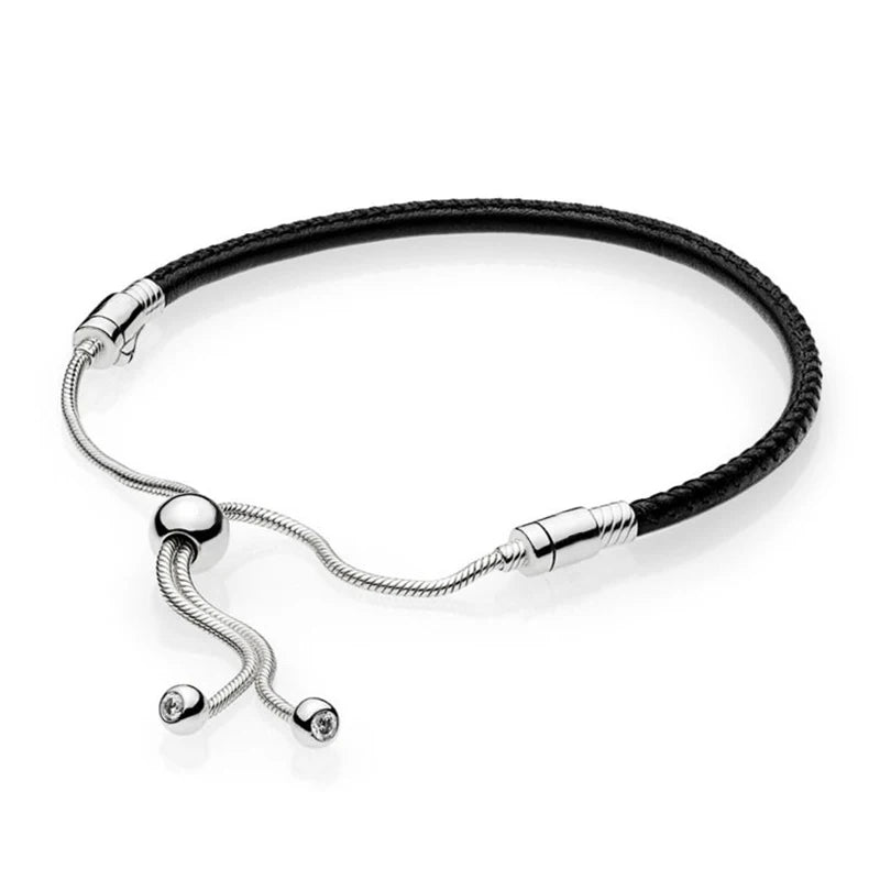 925 Silver Sliding Leather Bracelets for Women DIY Charms Beads