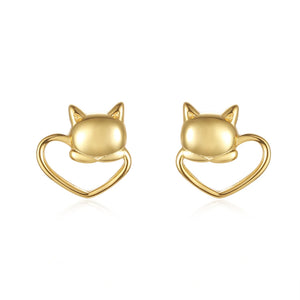 925 Silver Cat Heart Stud Earrings for Women