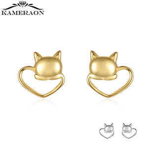 925 Silver Cat Heart Stud Earrings for Women